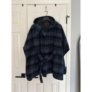 Coach Cape Womens XS Small Blue Blackwatch Plaid Hooded Wool Alpaca Leather Trim